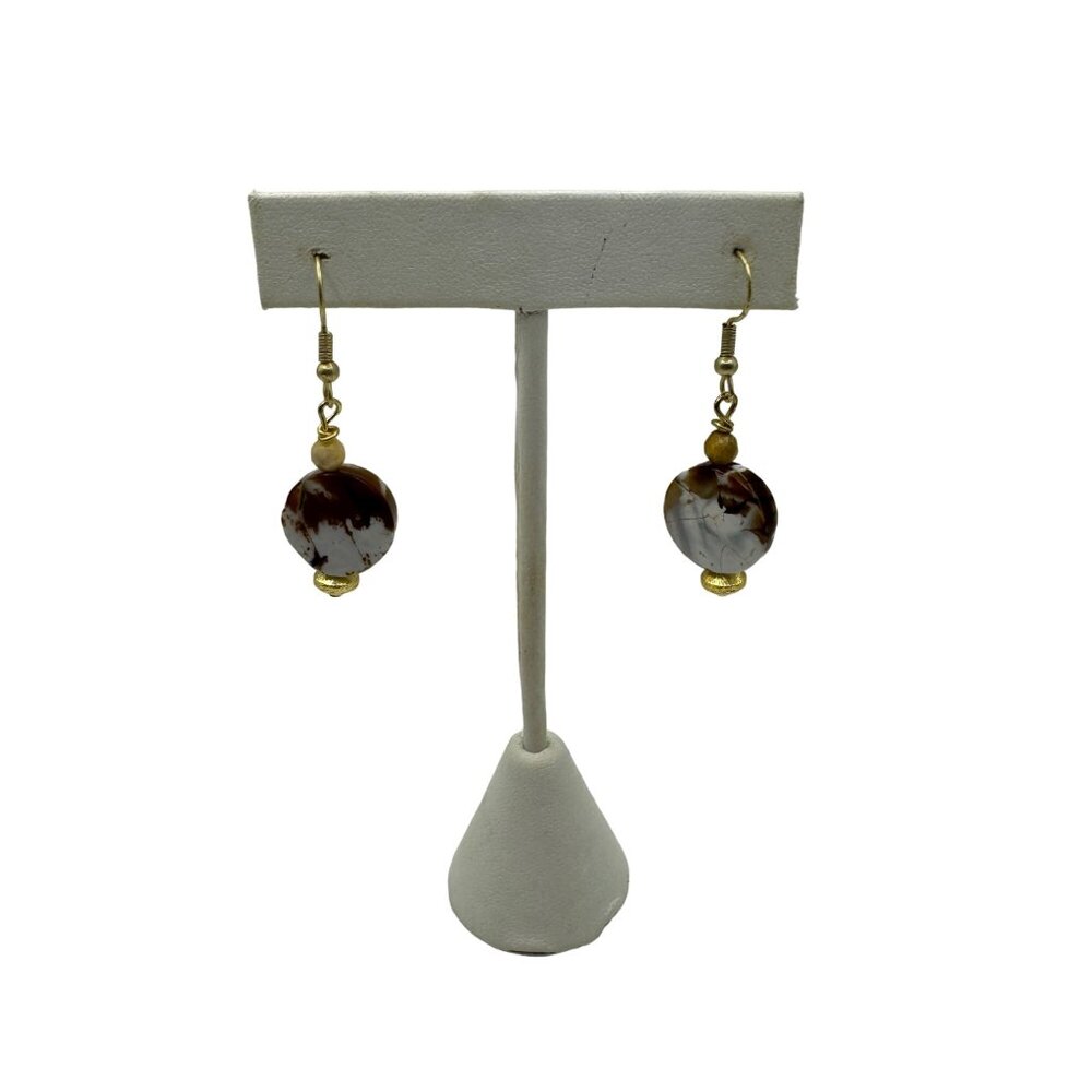 Handcrafted Dangle Earrings With Marbled Brown & White Beads